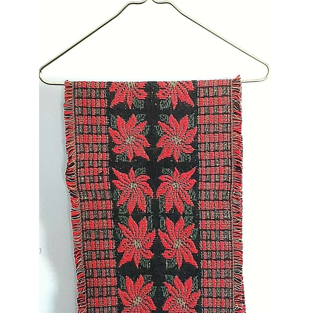 Christmas Table Runner Red Black Green Poinsettia Plaid 12